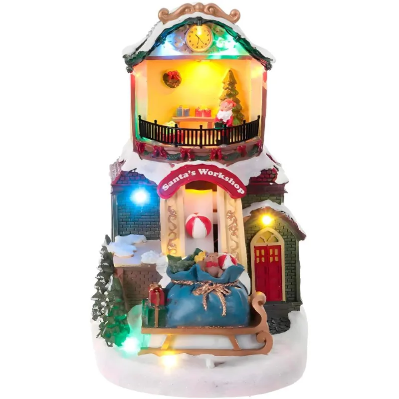 Vila Natalina Miniatura Cenário Fábrica de Brinquedos do Papai Noel Iluminada Musical Com Movimento Decoração Natal de Luxo
