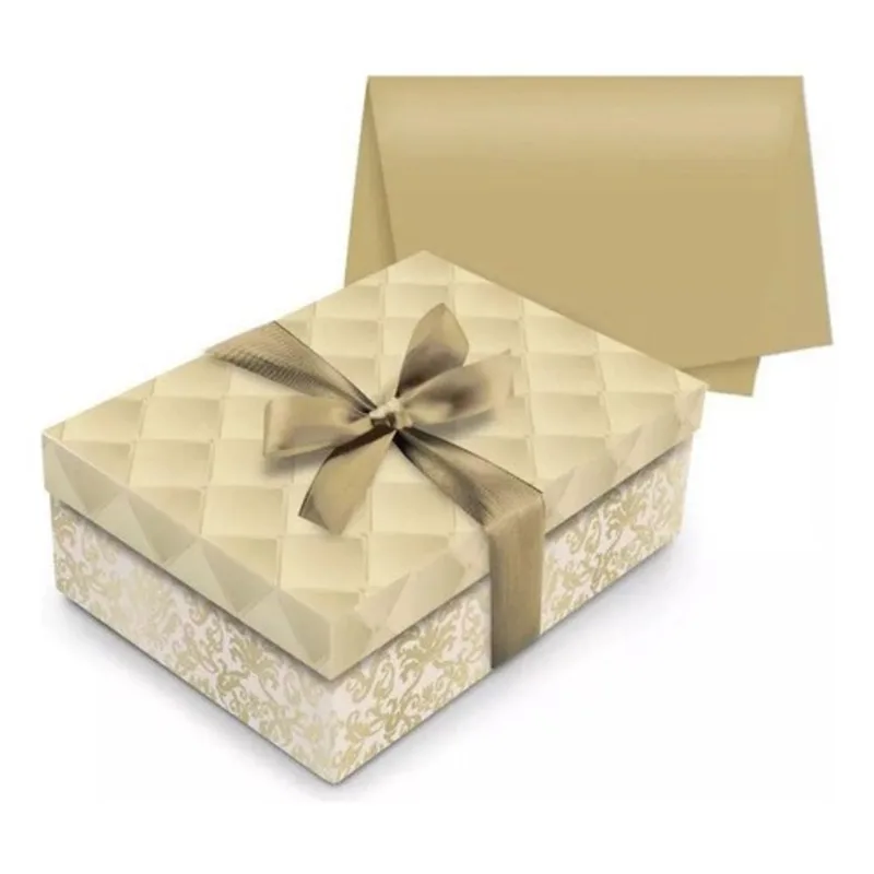 Kit Caixa Presente Retangular Dourado Ouro Fita Seda Tam G