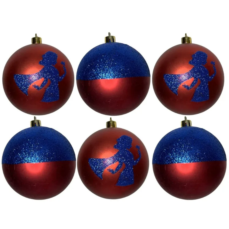 Conjunto 06 Bolas Bolinhas Princesa Branca De Neve - Enfeites Árvore De Natal - Princesas Disney - Azul E Vermelho - Cromus