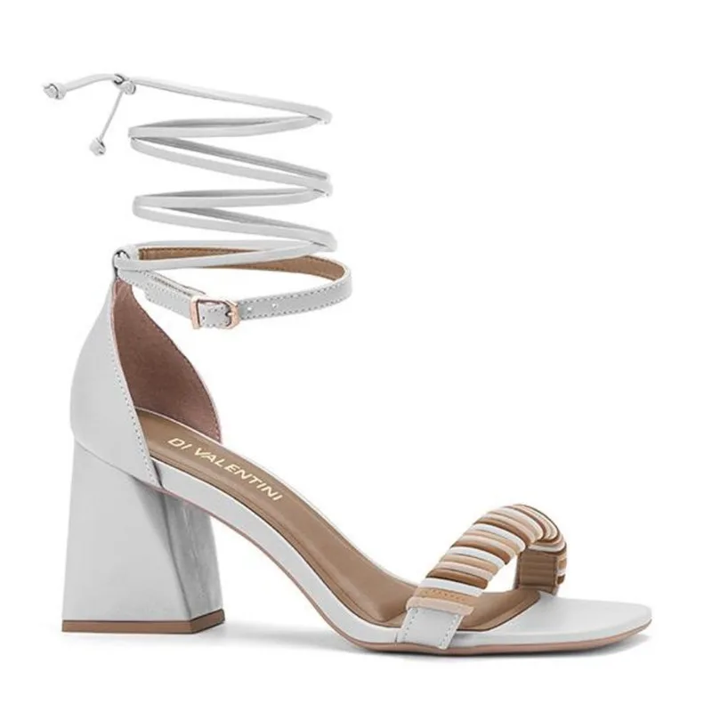 Sandália feminina di valentini 4742.08843 salto bloco 7,5 cm branca E amarração na perna