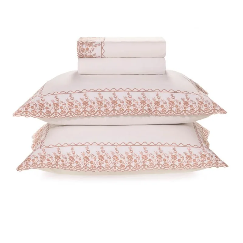 Jogo de Cama Queen 200 Fios Karsten Bordado Antônia Branco Rosa Queen / Branco