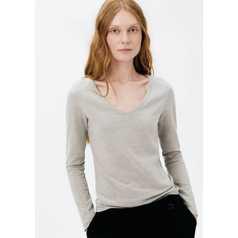 Blusa Básica Feminina Manga Longa Slim Decote V - Cinza XG
