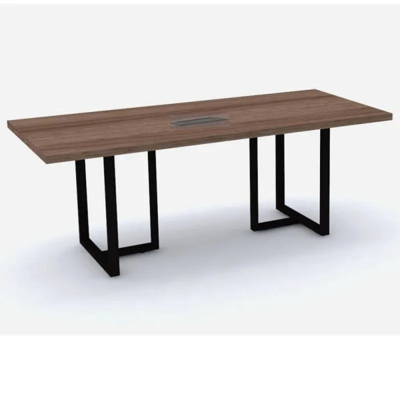 Mesa De Reunião Com Caixa De Tomada Retangular 200 X 90 Cm Pé Tubular Pe40 Em Mdp Walnut Base Preta - Não Disponível - Móveis
