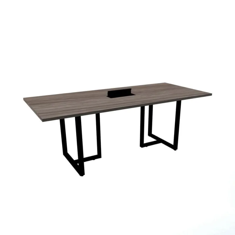 Mesa De Reunião Com Caixa De Tomada Retangular 200 X 90 Cm Pé Tubular Pe25 Em Mdp Walnut Base Preta - Não Disponível - Móveis