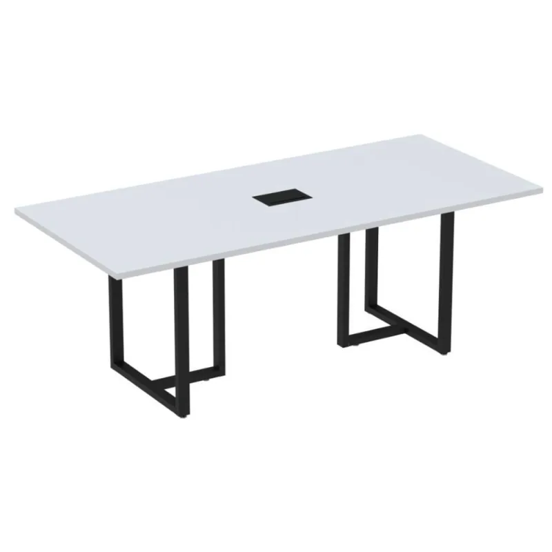 Mesa De Reunião Com Caixa De Tomada Retangular 200 X 90 Cm Pé Tubular Pe25 Em Mdp Cinza Base Preta - Não Disponível - Móveis