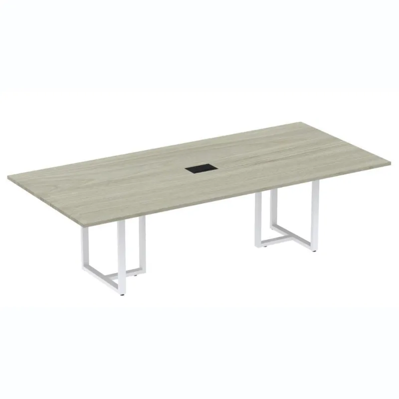 Mesa De Reunião Com Caixa De Tomada 200X90 Cm Pé Tubular Pe25 Em Mdp Nogueira Casablanca Base Branca - Não Disponível - Móveis