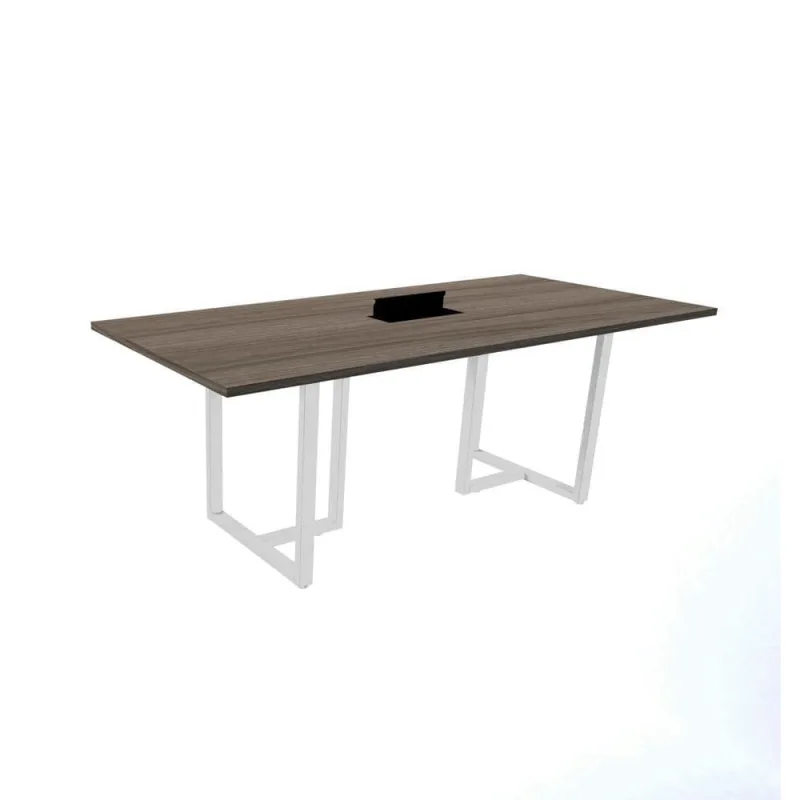 Mesa De Reunião Com Caixa De Tomada Retangular 200X90 Cm Pé Tubular Pe25 Em Mdp Walnut E Base Branca - Não Disponível - Móveis