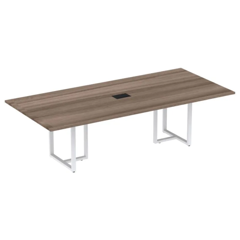 Mesa De Reunião Com Caixa De Tomada Retangular 260 X 120 Cm Pé Tubular Pe25 Mdp Walnut Base Branco - Não Disponível - Móveis