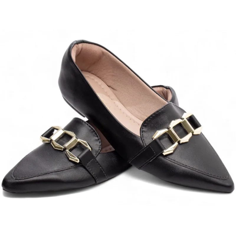 Sapato Sapatilha Mocassim Rasteiro Feminino Bico Fino Preto Torricella