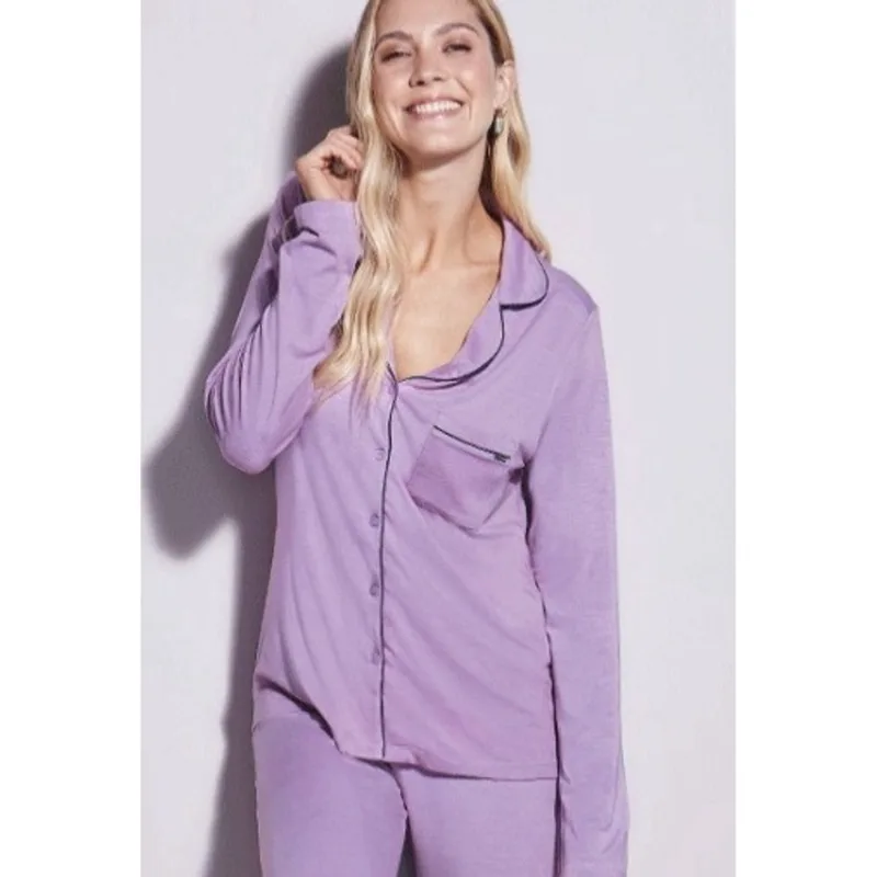 Pijama Longo em Viscose com vivo contrastante Flor (Hope) OMCL1010