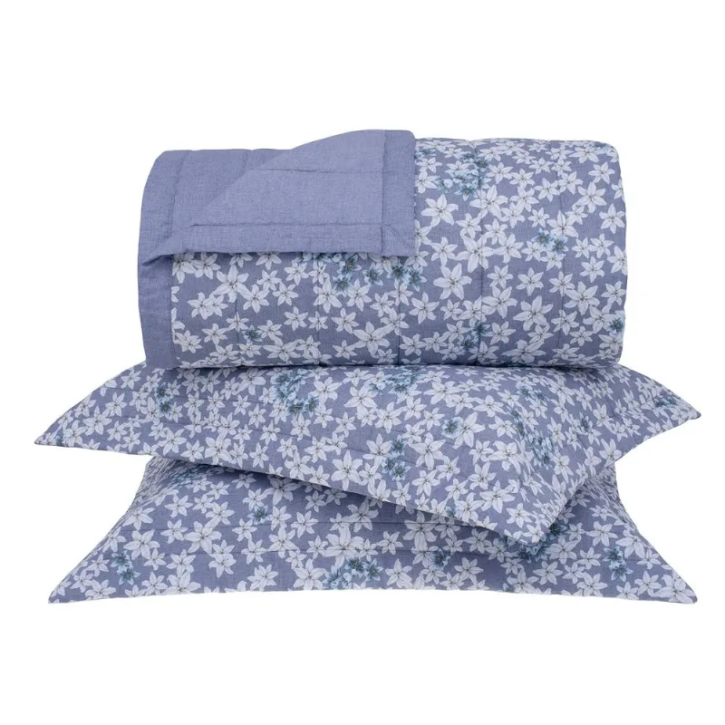 Kit Colcha S.King Percal 180 Fios Buddemeyer Lirium 100% Algodão Fio Penteado Dupla Face Azul 3 peças