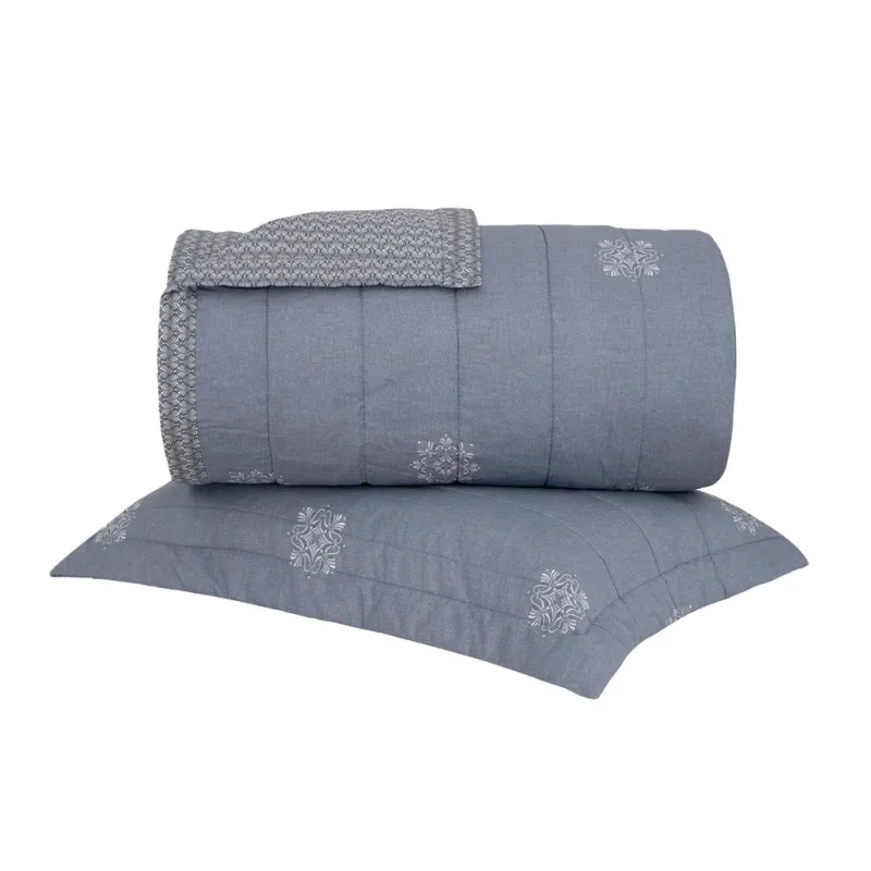 Kit Colcha Solteiro Percal 180 Fios Buddemeyer Art Deco 100% Algodão Penteado Dupla Face Estampado Azul 2 peças