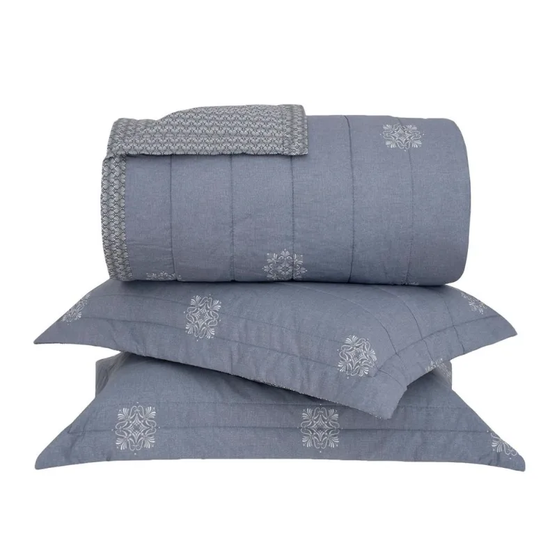 Kit Colcha S.King Percal 180 Fios Buddemeyer Art Deco 100% Algodão Penteado Dupla Face Estampado Azul 3 peças