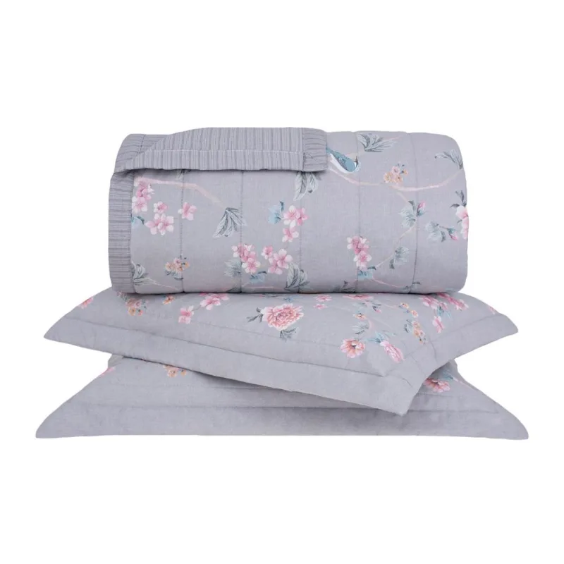 Kit Colcha Queen Percal 180 Fios Buddemeyer Agatha 100% Algodão Penteado Dupla Face Estampado 3 peças