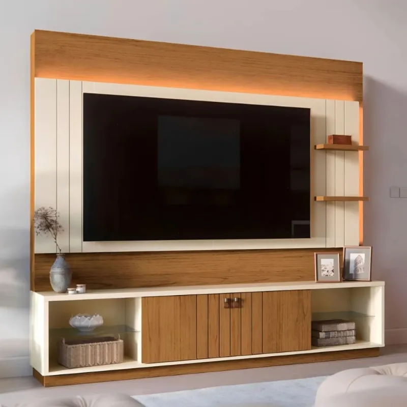 Painel para TV até 65'' com LED 200cm Mobler Guaíba | Amendoa/Perola - möbler