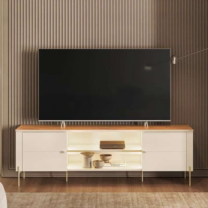 Rack Bancada Brasilia para TV 75 Polegadas 180cm MDF MDP com Iluminacao LED Off White e Canela - möbler - Agro