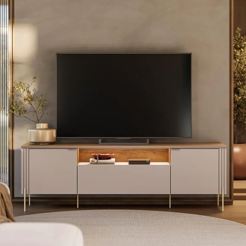 Rack Bancada Dourados para TV 75" 180cm MDF MDP com LED Grigio Fosco e Canela Mobler - möbler - Agro