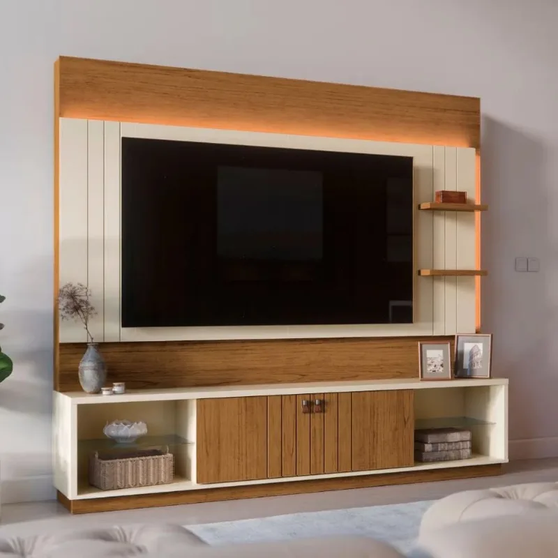 Painel para TV até 65'' com LED 200cm Mobler Guaíba | Canela/Off White - möbler