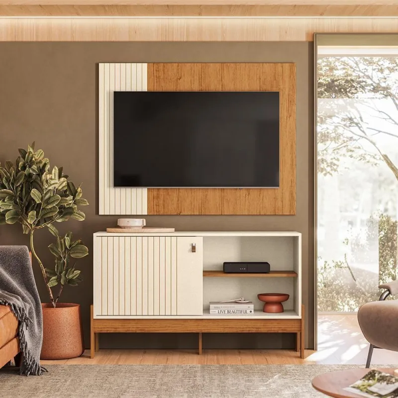 Rack Bancada Painel Wood para TV 42" 120cm MDF MDP Pérola Metalizado e Canela Möbler - möbler