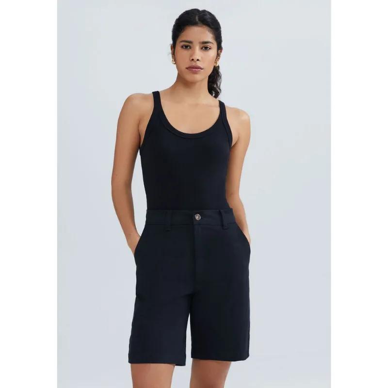 Bermuda Básica Feminina Chino Cintura Média Em Sarja - Preto 036