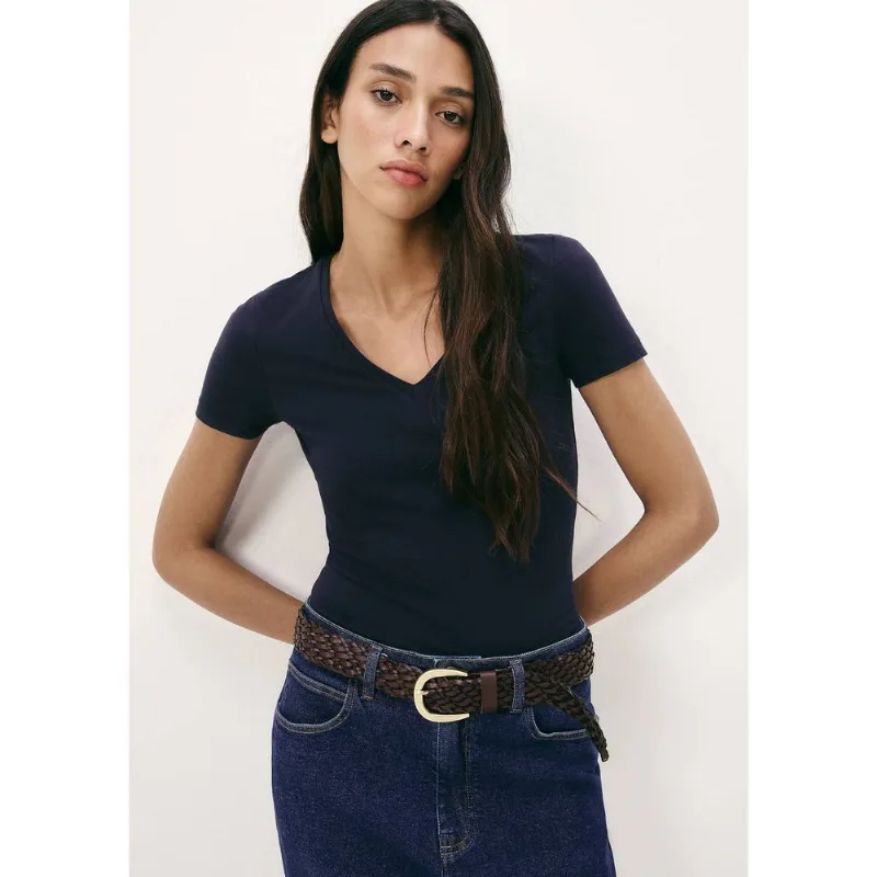 Blusa Básica Feminina Slim Decote V - Azul G