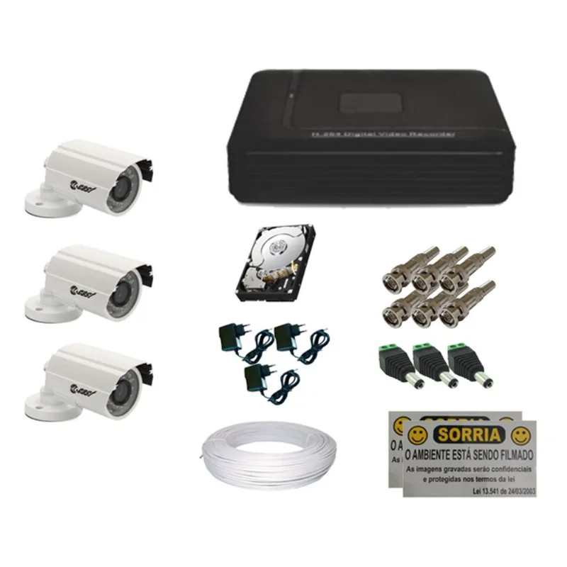 Kit Cftv 03 Câmeras + Gravador 4 Canais + Hd1000gb