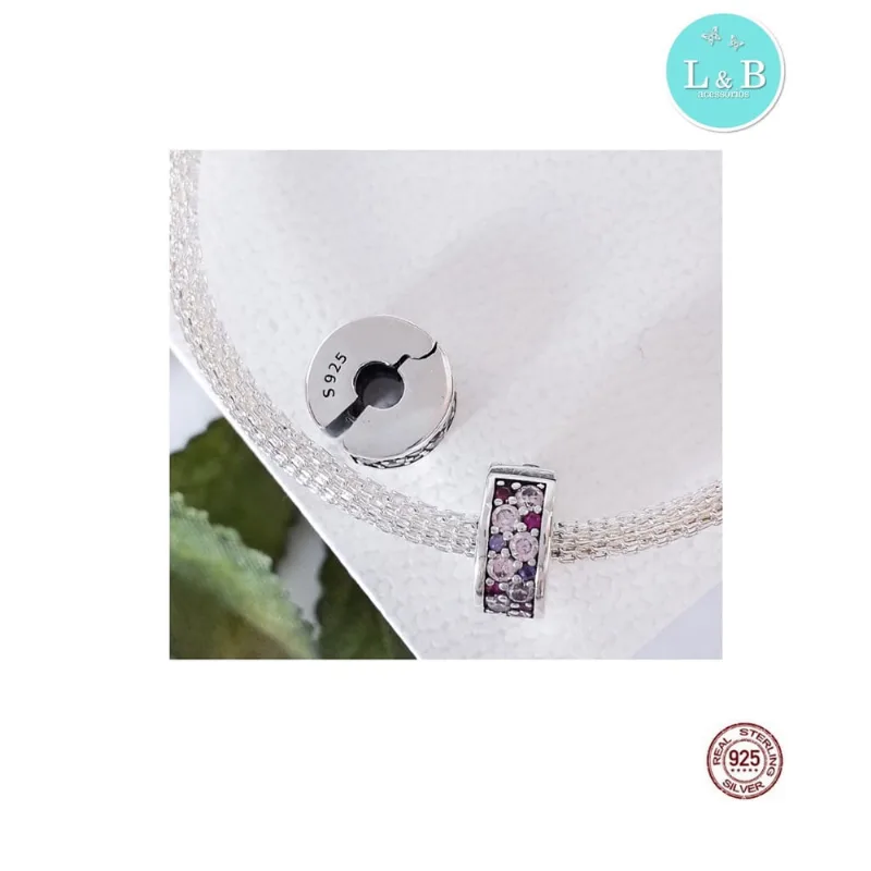 Berloque separador pedra rosa c/e em 100% Prata S925 para pulseiras modelo Pandora ou Vivara
