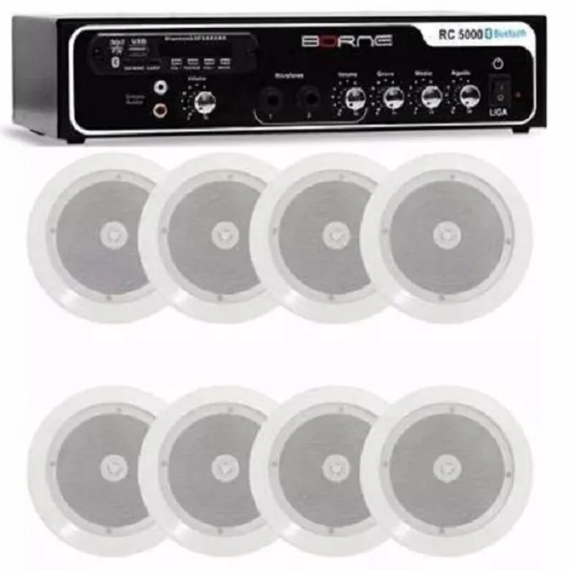 Kit Som Ambiente Borne Rc5000 Usb Fm 8 Arandelas Teto Gesso