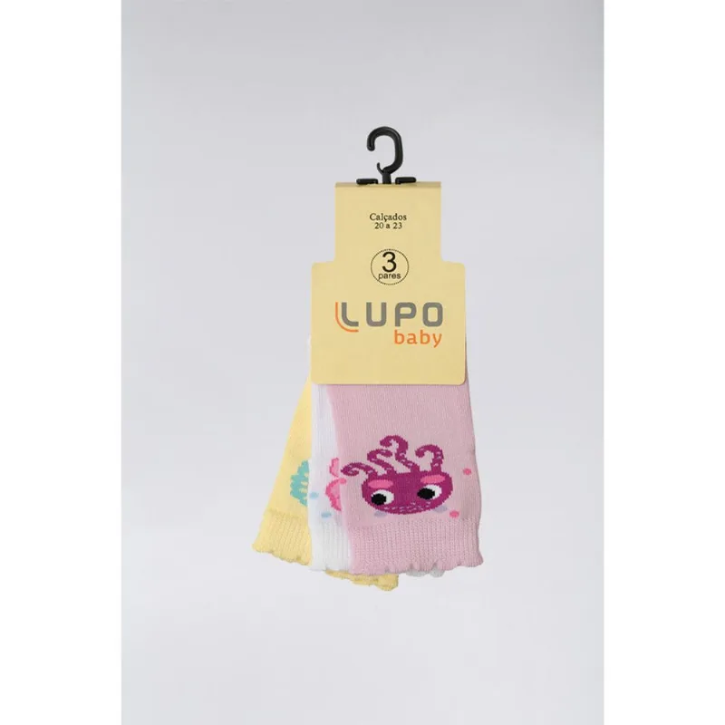 Kit 3 Meias Bebê Lupo Branca Amarela e Rosa 20 a 23