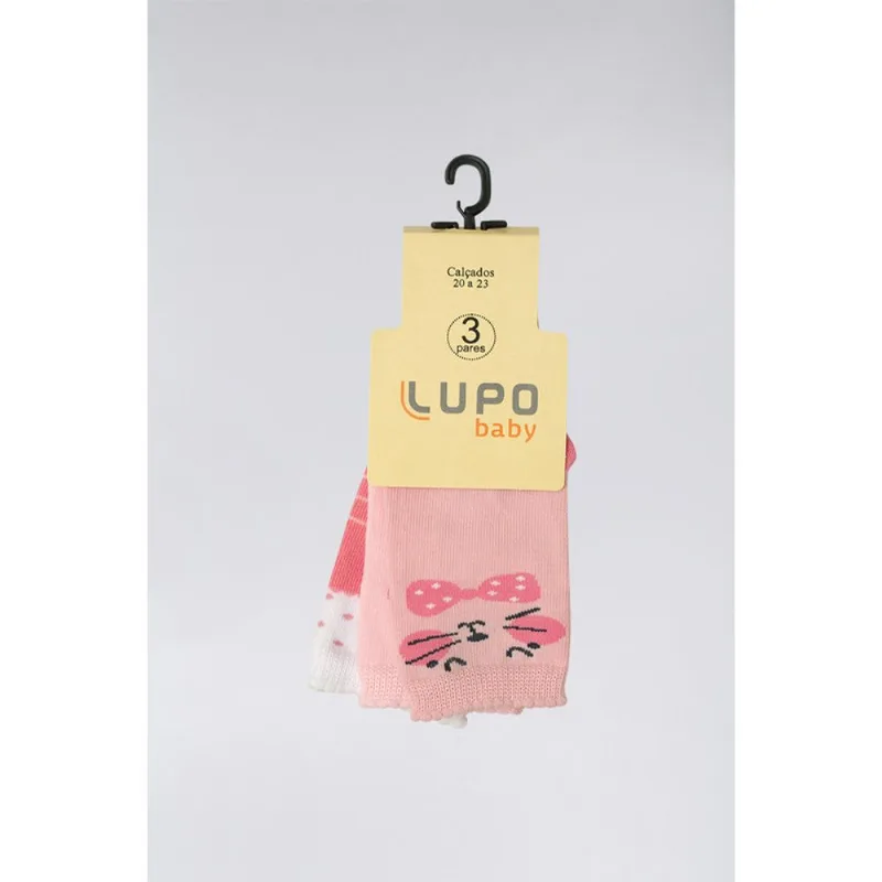 Kit 3 Meias Bebê Lupo Rosa e Branca Sortida 0 a 4
