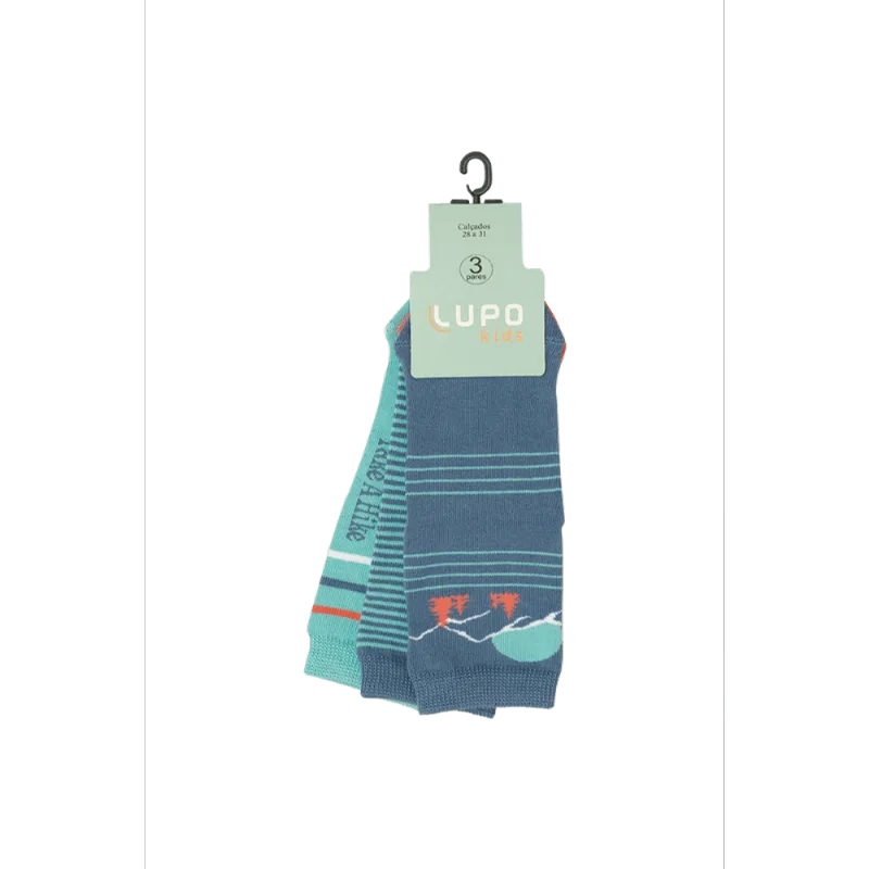 Kit 3 Meias Kids Menino Lupo Azul e Verde 32 a 35