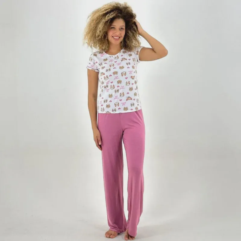 Pijama Lupo Manga Curta com Calça Feminino - Lupo - Moda
