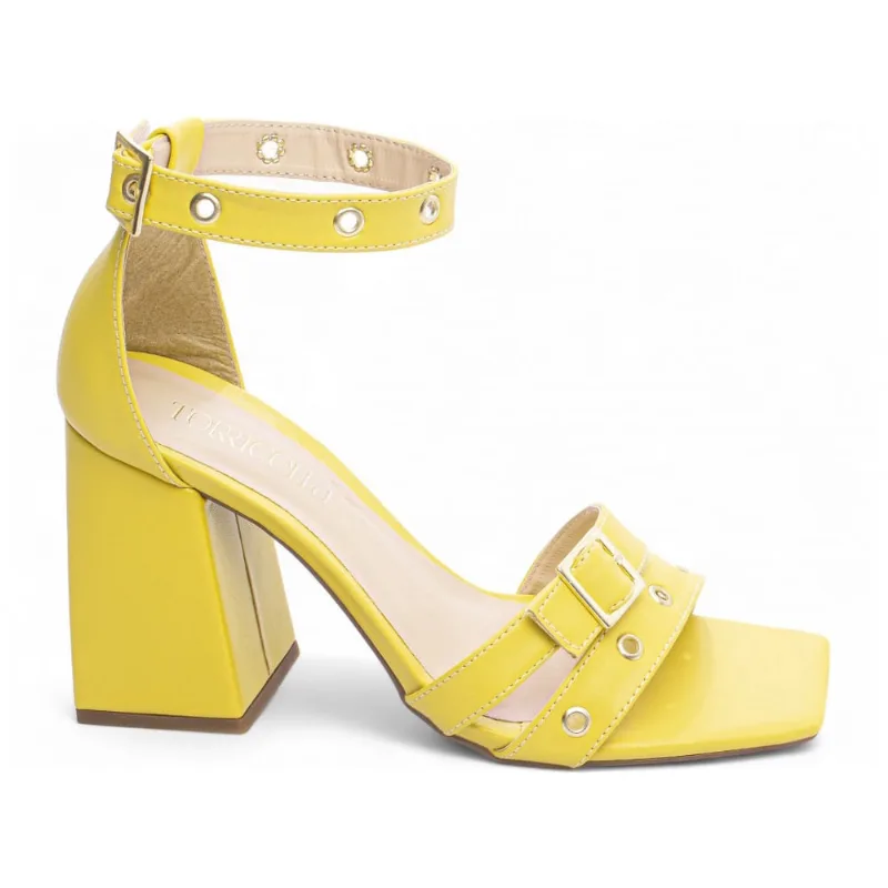 Sandália Feminina Amarela Salto Alto Grosso Bico Quadrado Ilhós 9cm Amarelo Torricella