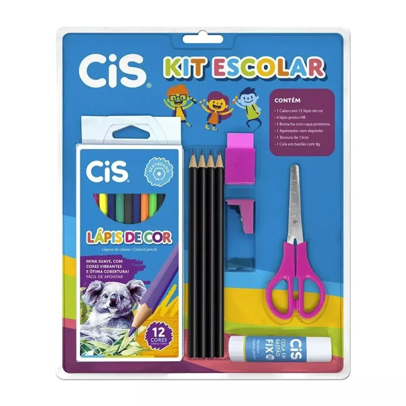 Kit Escolar Rosa 9 Peças Cis com 12 Lápis de Cor - Cis - Papelaria