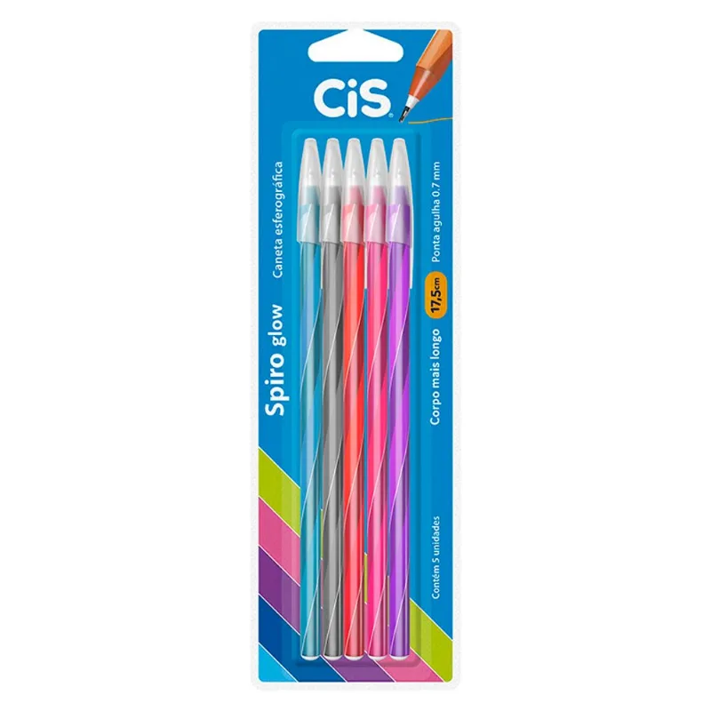 Caneta Cis Spiro Esferografica Glow com 5Unidades