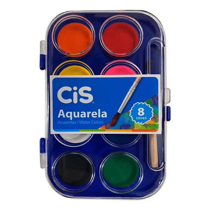 Tinta Aquarela em Pastilha Cis - Estojo c/ 8 Cores + Mini Pincel Atóxicos e Laváveis