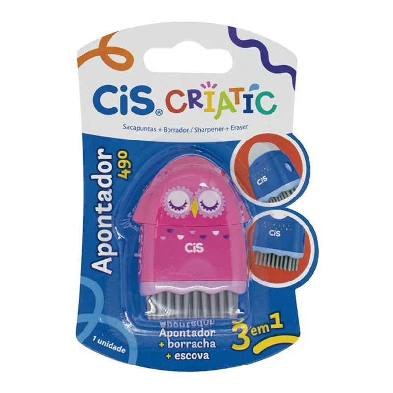 Apontador Cis Criatic 3 em 1 + Borracha + Escova Un