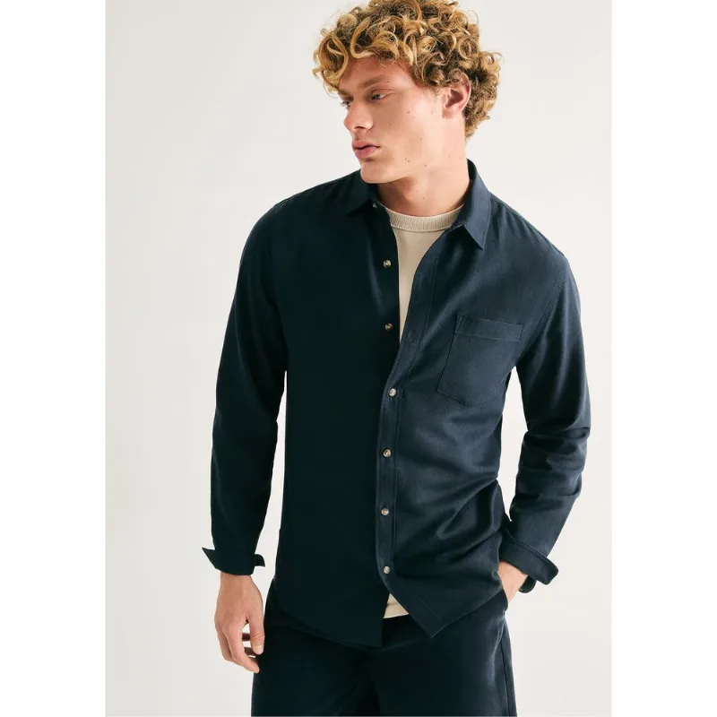 Camisa Básica Masculina Manga Longa Slim Em Linho - Azul XG