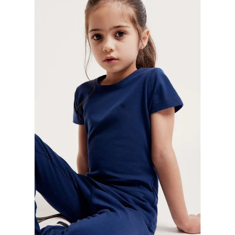 Blusa Básica Infantil Menina Manga Curta Slim Com Bordado Coração - Azul 001