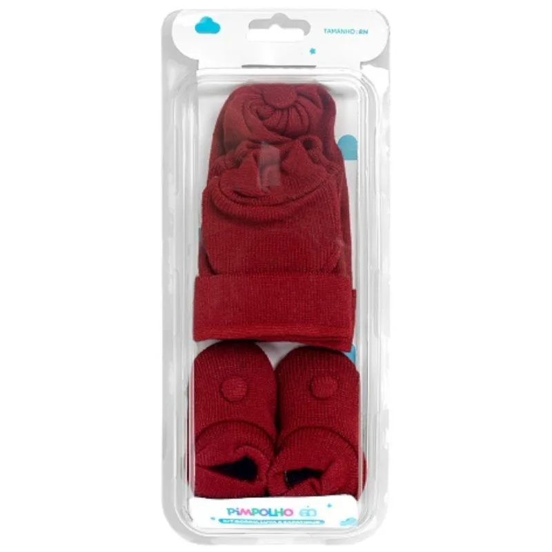 Kit Infantil RN Pimpolho Gorro, Luva E Sapato Liso Vermelho 60511 (MP)