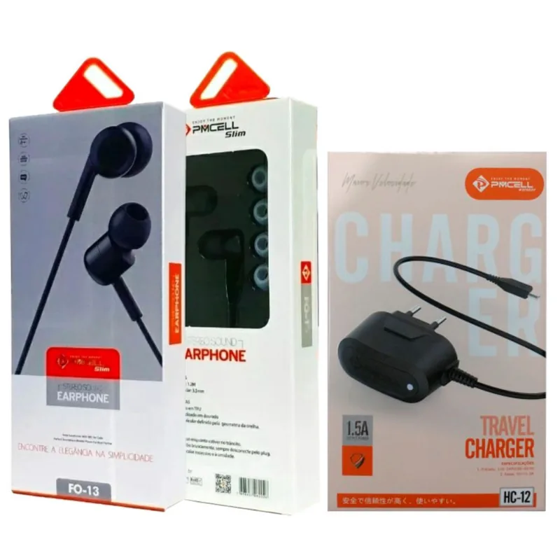 Kit Fone De Ouvido Fo-13 Carregador Ultra Rapido Hc12 Pmcell