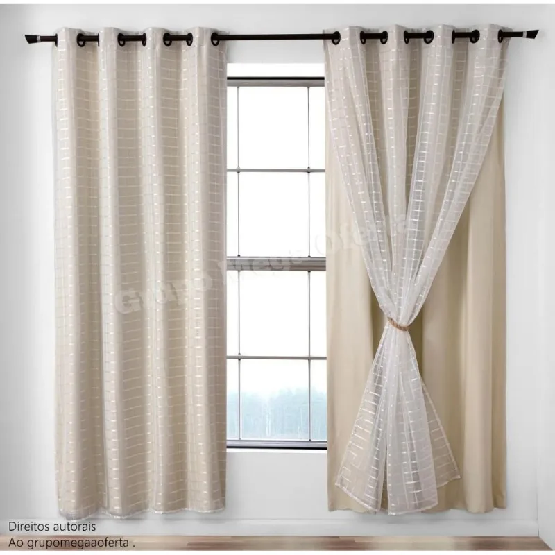 Cortina Blecaute Corta Luz Pvc Voil Xadrez Creme 2,00X 1,80M