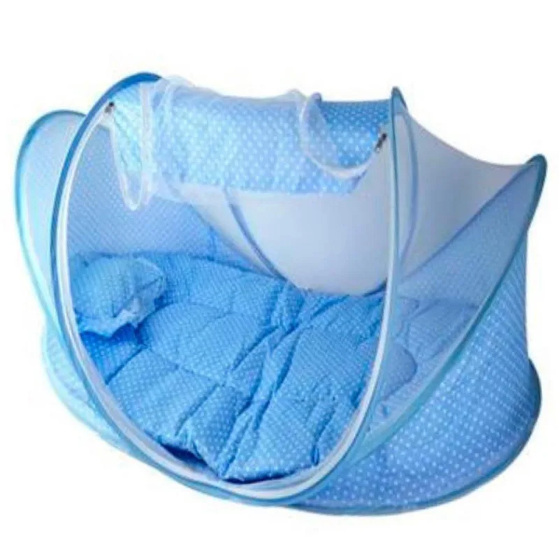 Berço Portátil Mosquiteiro Acolchoado Travesseiro Azul