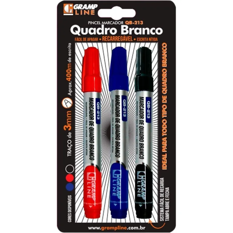 Pincel Quadro Branco QB213 Recarregavel C/03 Cores - GRAMP LINE - Papelaria