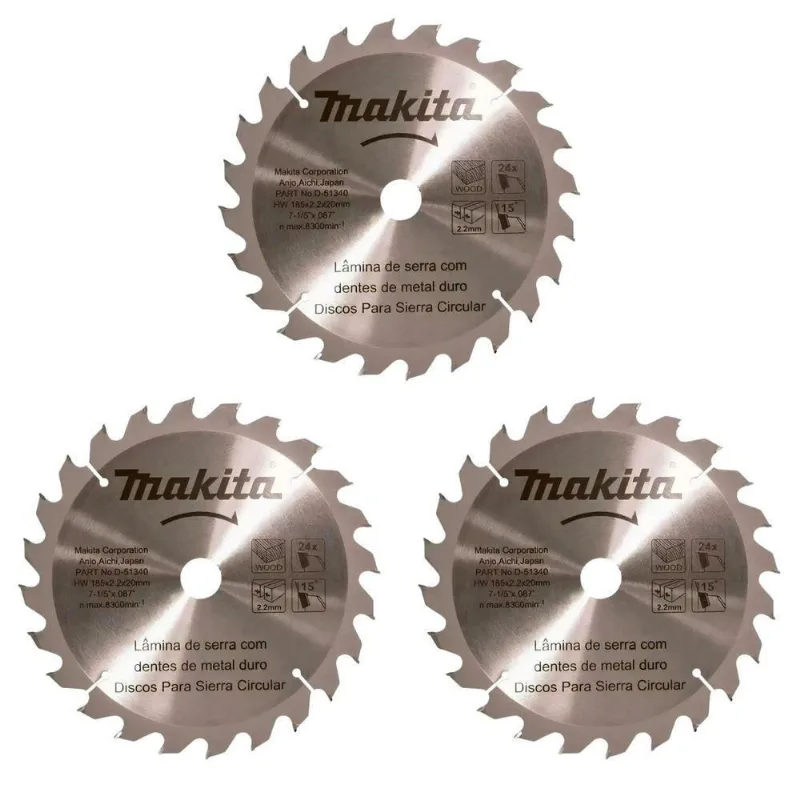 Kit Com 03 Discos De Serra Circular Para Madeira 7.1-4 185mmx2.2mm 24 Dentes Makita D-51340