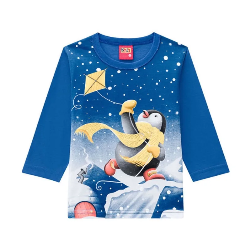 Camiseta manga longa pinguim bebe azul kyly