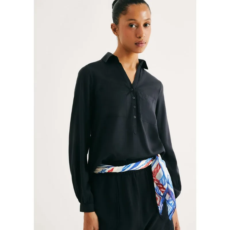 Camisa Básica Feminina Manga Longa Em Viscose - Preto M