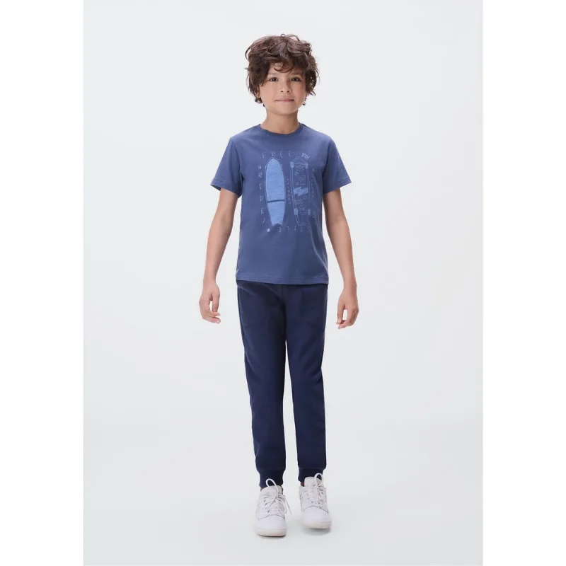 Calça Básica Infantil Menino Em Moletom Peluciado Com Bolso - Azul 014
