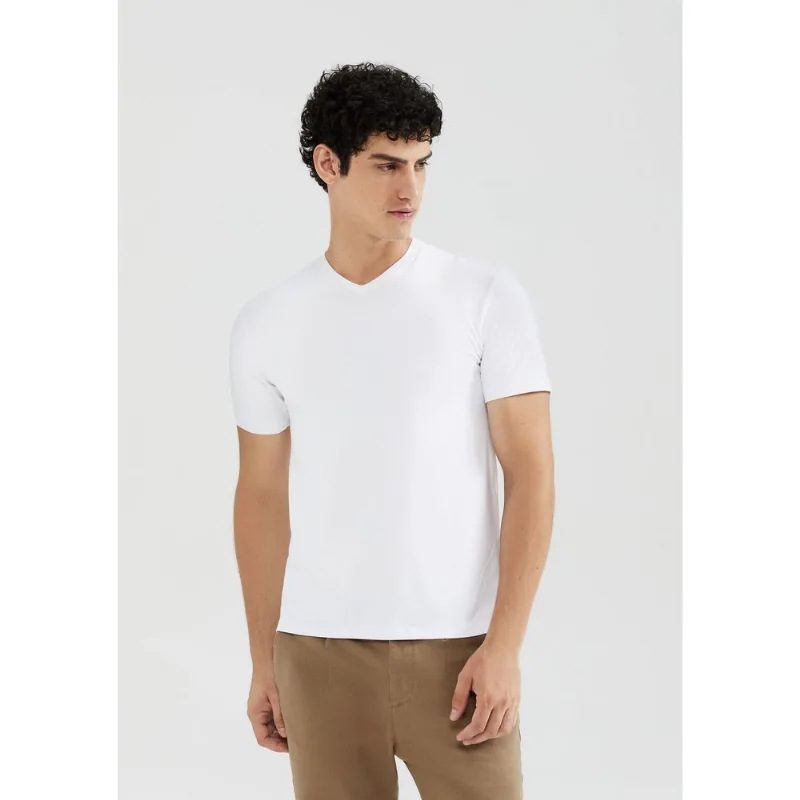 Camiseta Básica Masculina Manga Curta Slim Gola V - Branco G