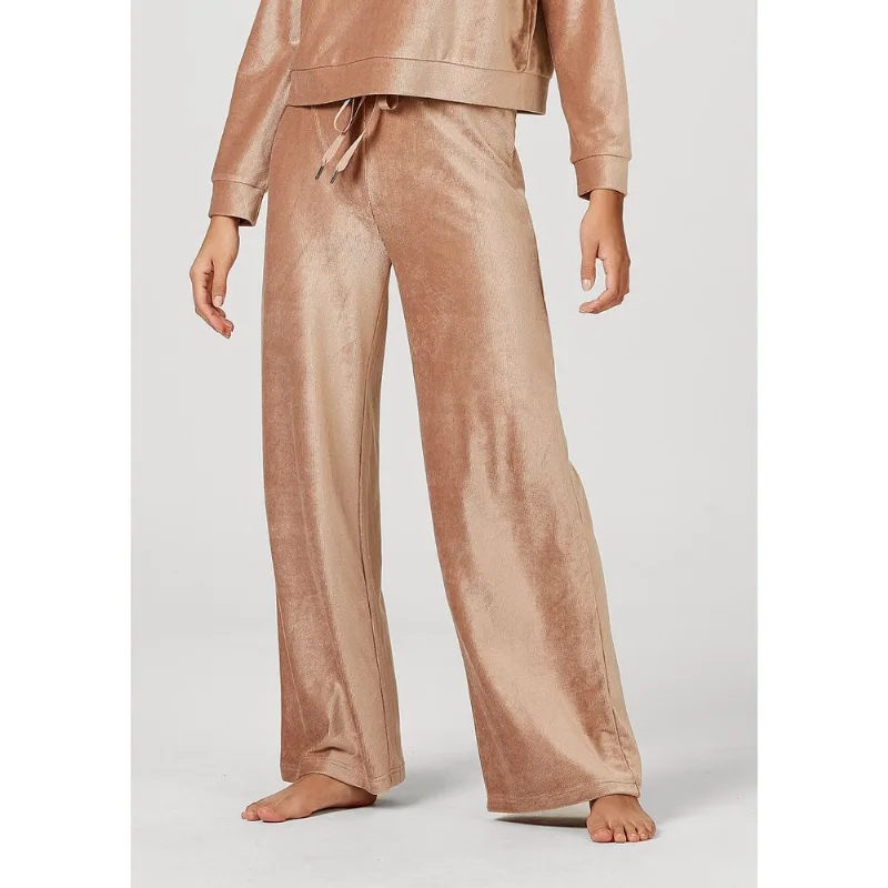 Calça Feminina Pantalona Em Plush Canelado De Poliéster - Bege M